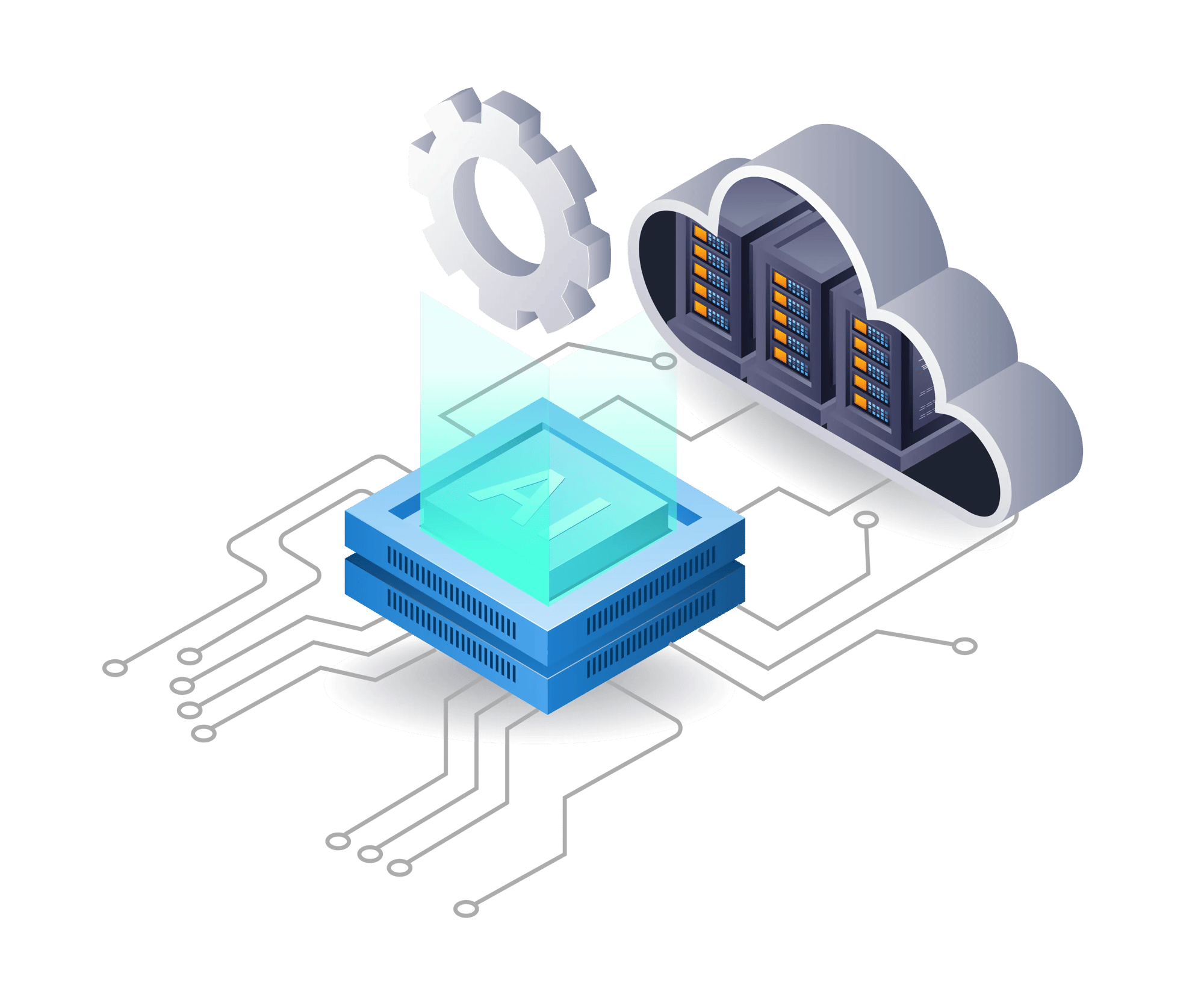 Illustrations of AI connected to servers and cloud enviornments