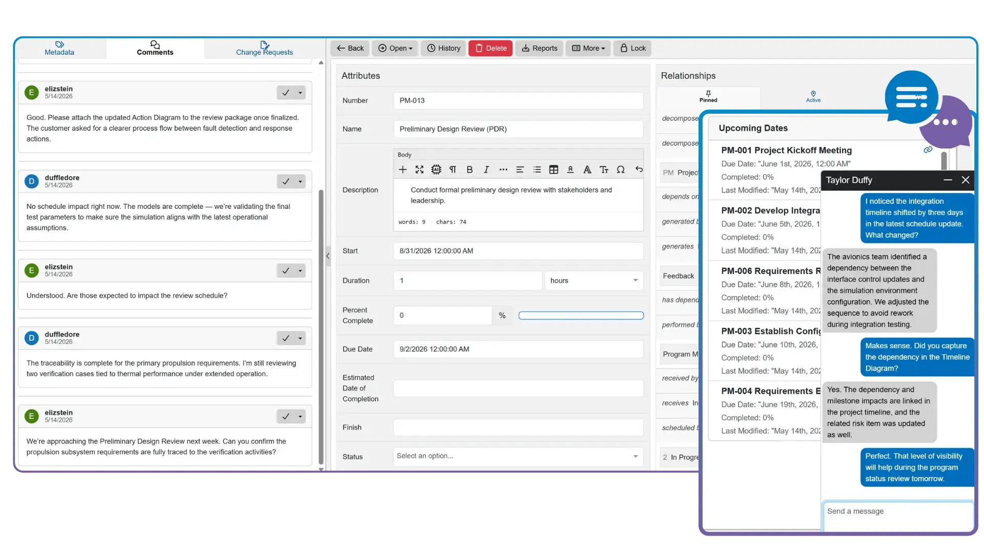 Collaboration with chat and comments in innoslate
