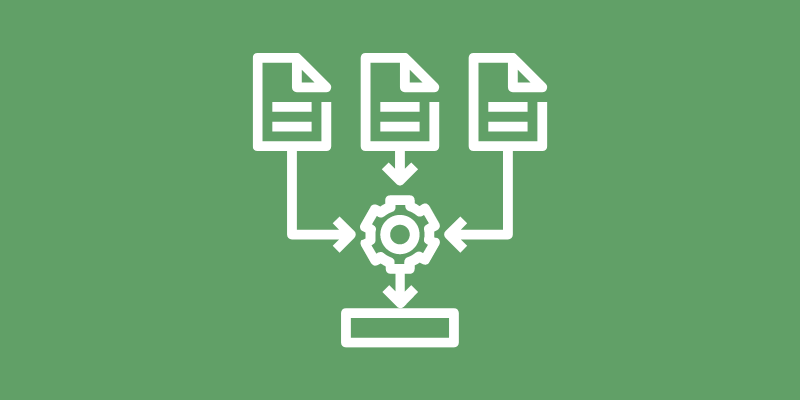 three documents with arrows directing them into a modeling