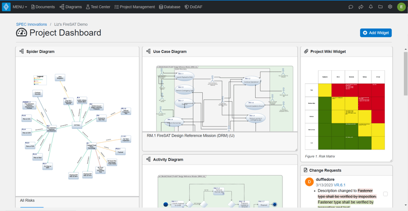 Innoslate Project Dashboard with SysML and LML diagrams