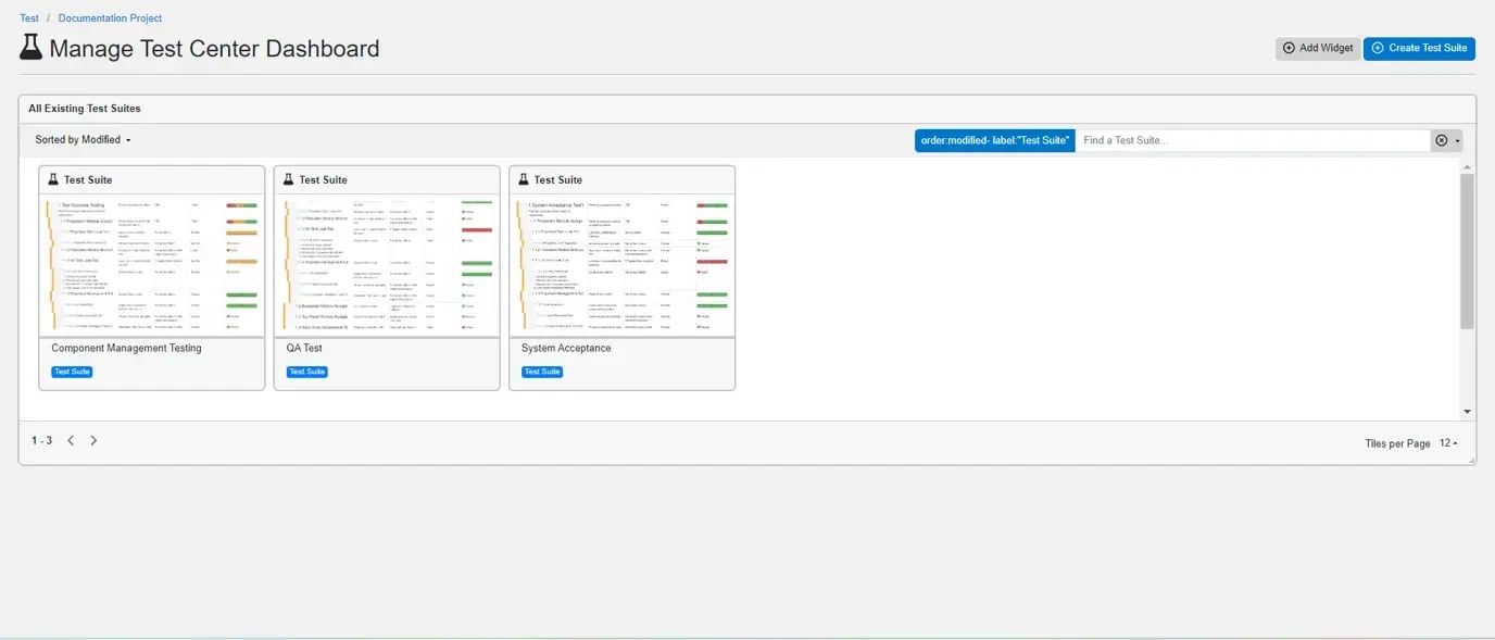 Innoslate Test Center Dashboard