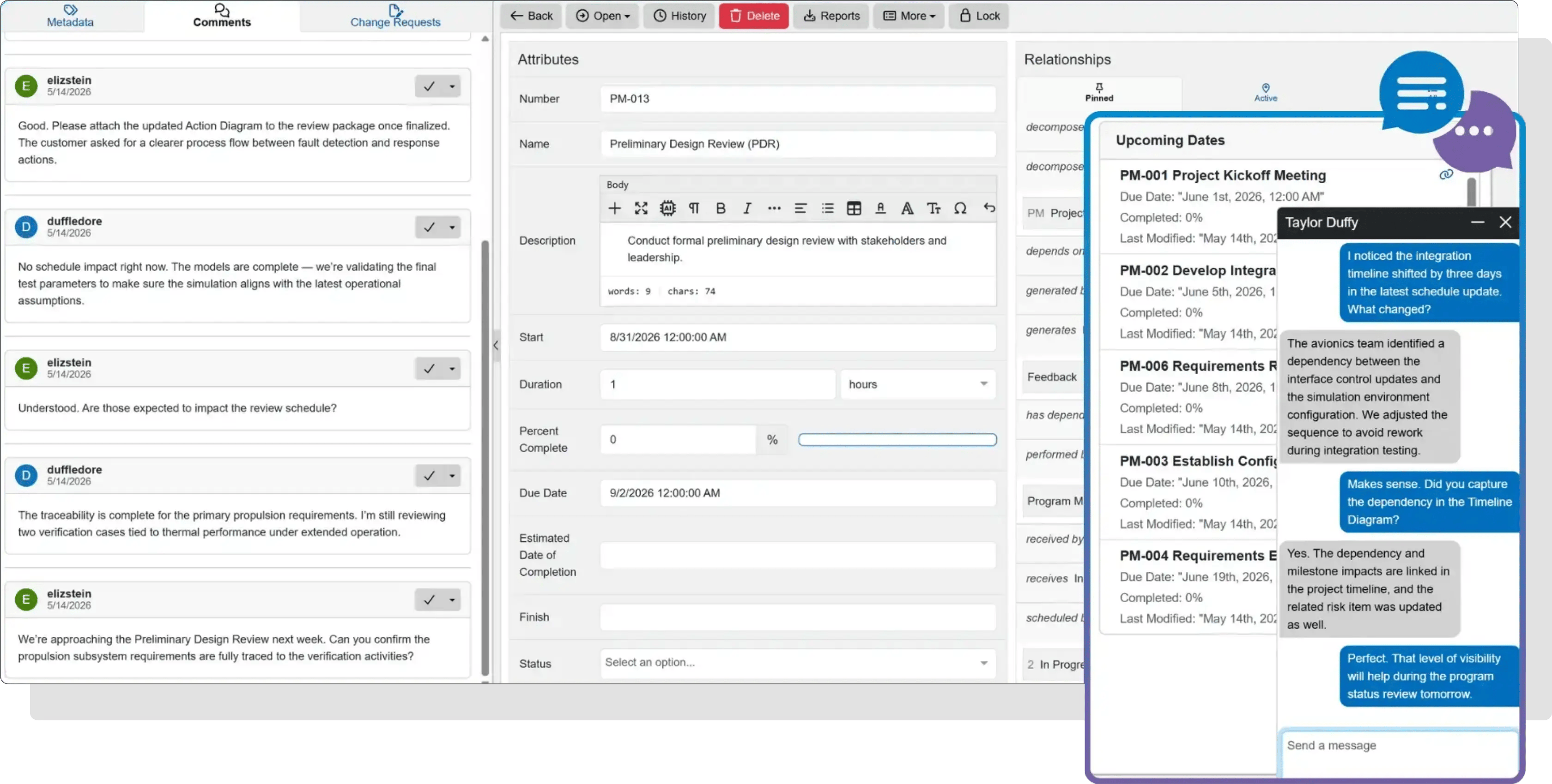 Innoslate collaboration with chat and comments