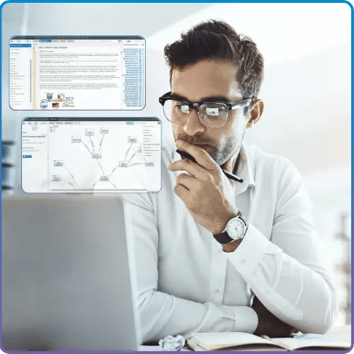 Innoslate interface overlaid on an engineer working at a computer.
