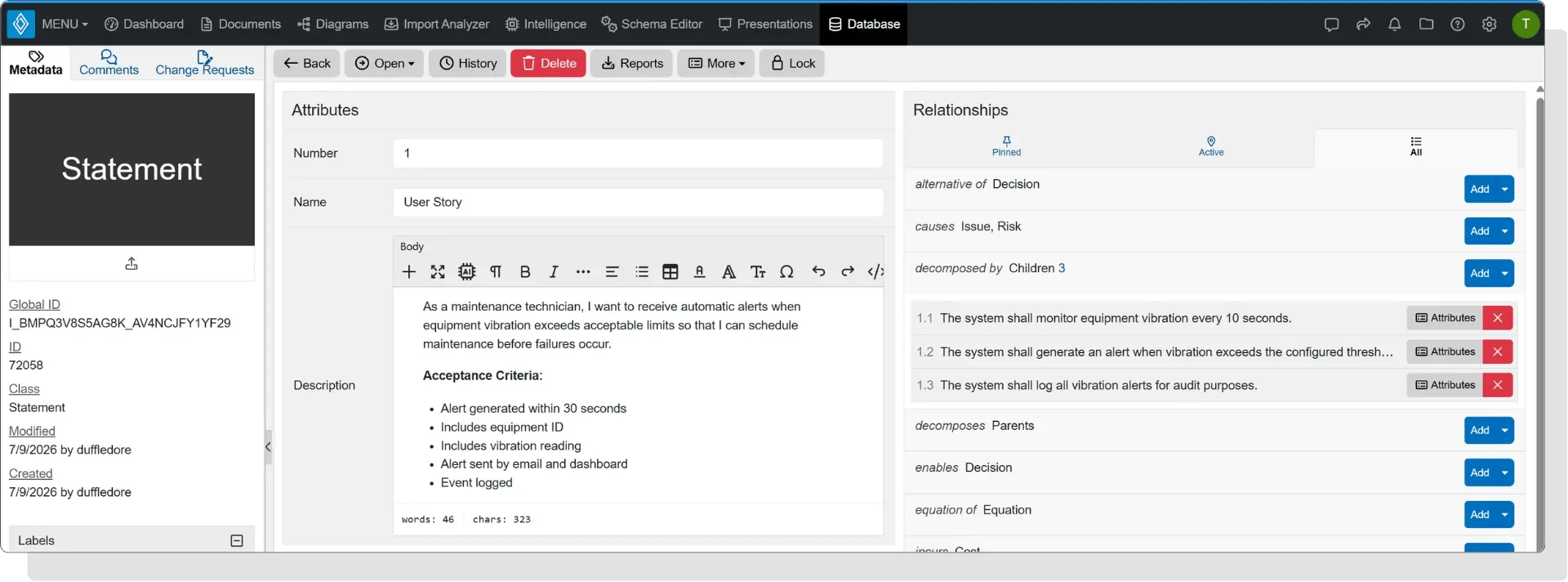 User Story Acceptance Criteria in Innoslate Entity View