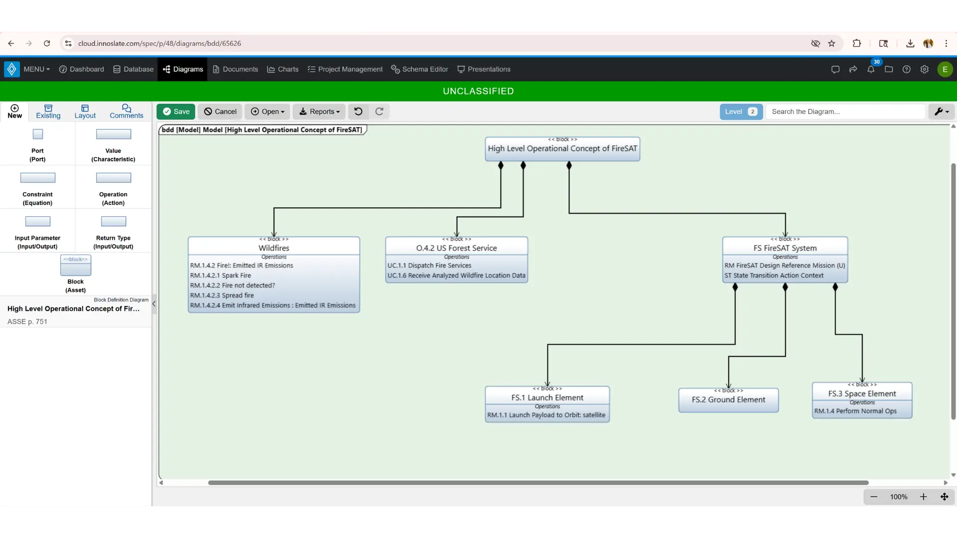Innoslate SysML Block Definition Diagram screenshot