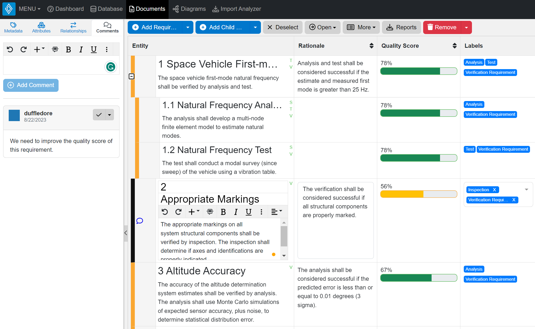 Innoslate's requirements view with quality scores and comment